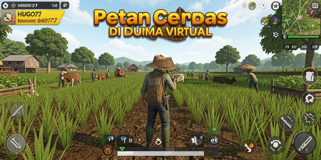 Screenshot gameplay HUGO77 yang menunjukkan aktivitas bertani.