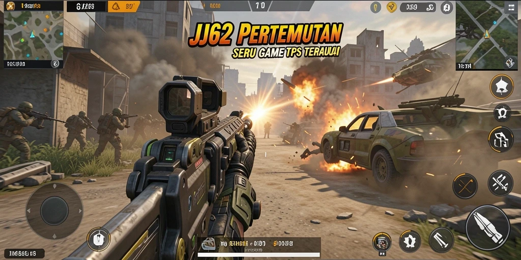 Tampilan gameplay seru dalam game TPS JJ62 dengan aksi tembak-menembak.